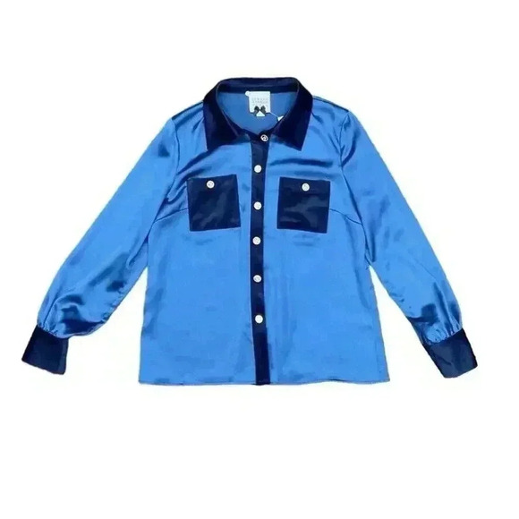 Edward Achour Paris Satin Button Up Shirt 44 Blouse Patch Pocket Metallic Button - Picture 4 of 10